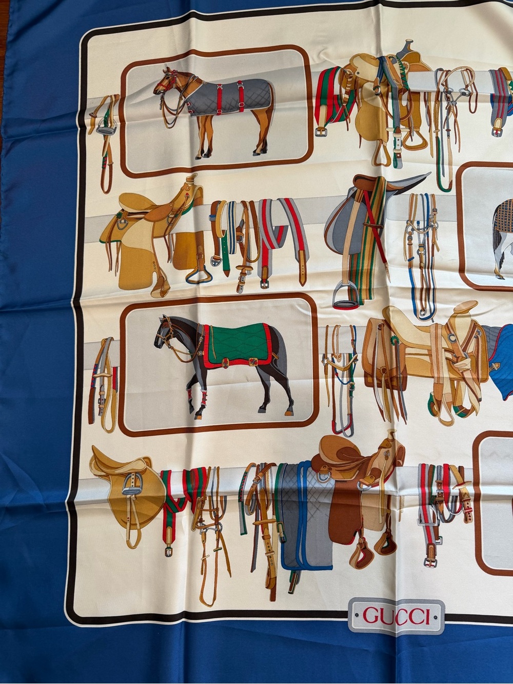 Gucci Silk Equestrian Scarf in Blue and Cream with Multi-Color Accents - Picture 4 of 6